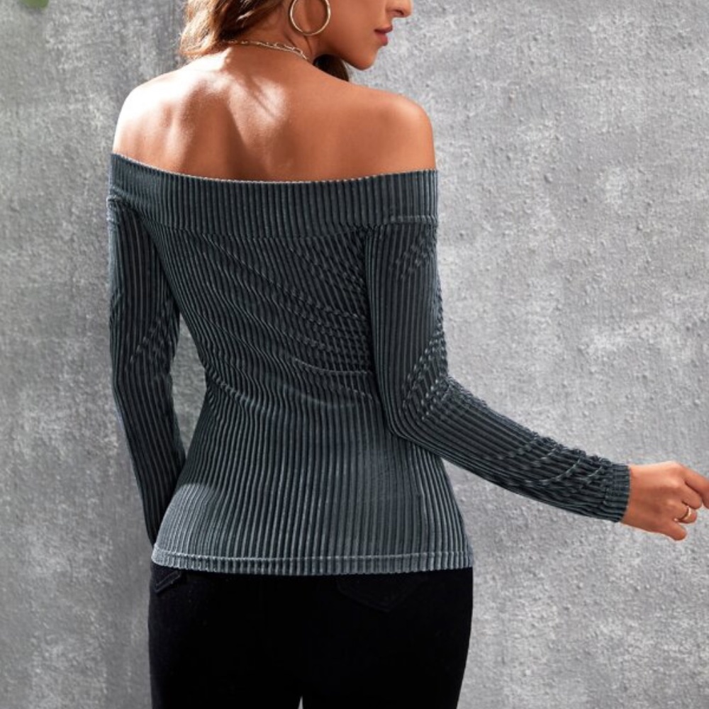 Black Off Shoulder Ribbed Fitted Sexy Top - Picture 6 of 16